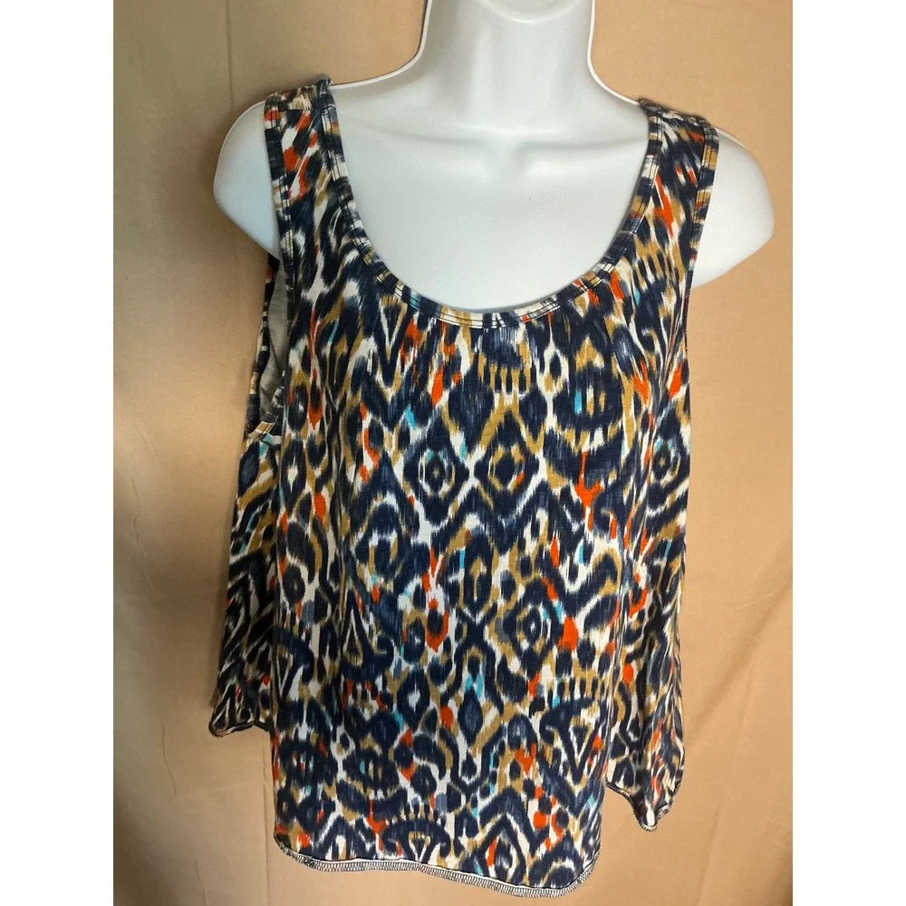 Denim & Company Tank Top Womens Large Blue Orange Ikat Scoop Neck Excellent